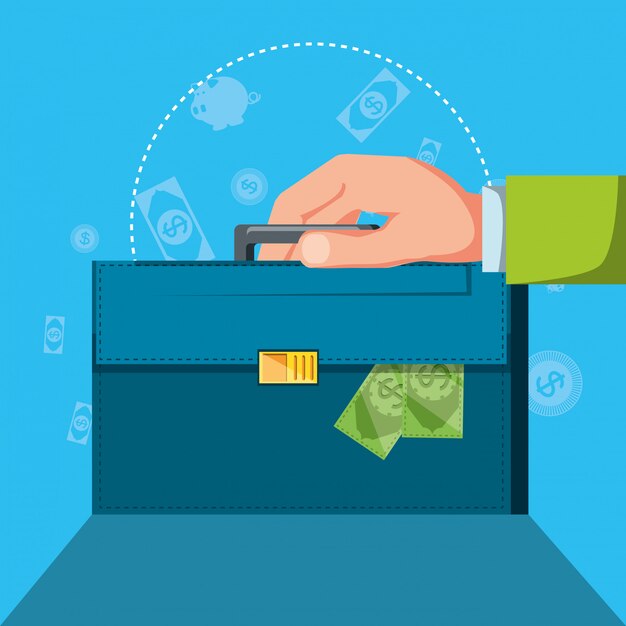 Mano con cartera y establecer iconos economía finanzas