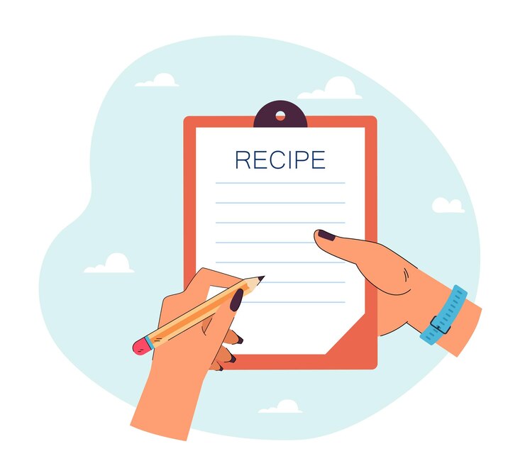 Vector mano del chef escribiendo receta de cocina en el bloc de notas