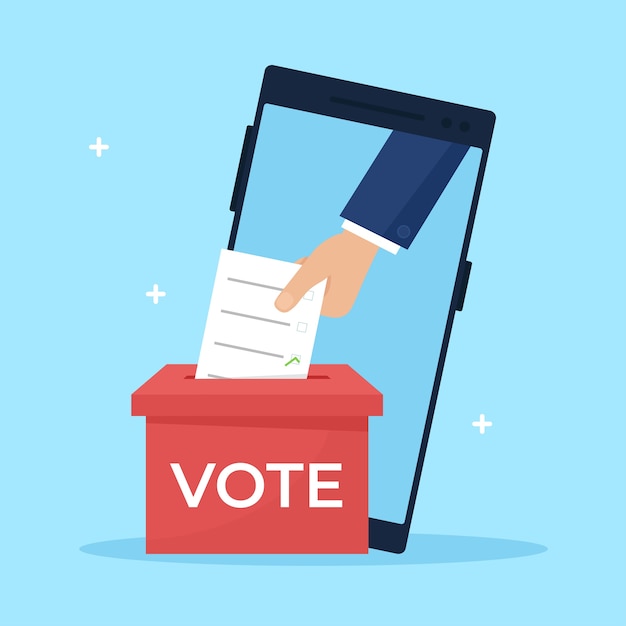 Una mano coloca una papeleta en una urna. Elección en línea, concepto de votación. Diseño plano