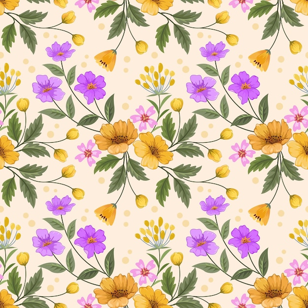 Mano de colores dibujar flores sobre fondo amarillo de patrones sin fisuras para papel tapiz textil tela.