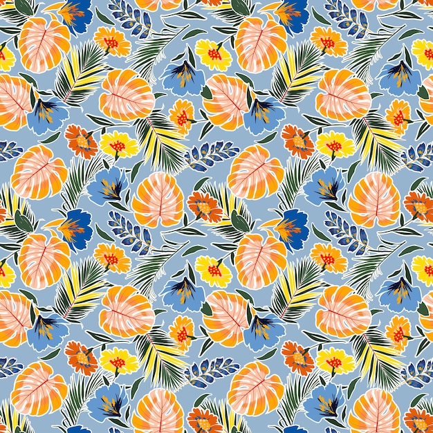 Mano colorida dibujada de patrones sin fisuras con hojas, flores, monstera tropical, follaje.