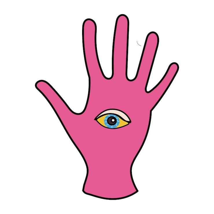 Vector una mano colorida con un símbolo de ojo que transmite un significado profundo y una expresión artística
