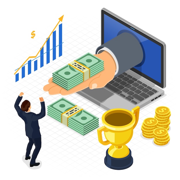 Mano de computadora portátil con dinero. ingresos de Internet, ganancias de onilne, ingresos del concepto de juego. Hombre feliz de iconos isométricos. aislado