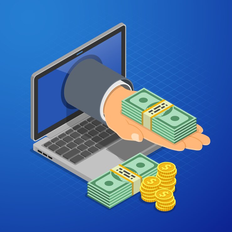 Vector mano de computadora portátil con dinero. ingresos de internet, ganancias de onilne, ingresos del concepto de juego.