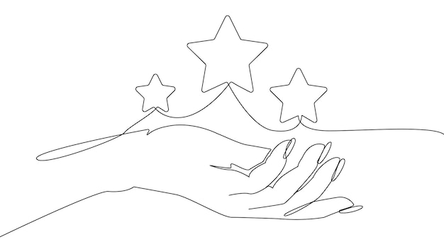 Mano con concepto de línea de estrellas Comentarios y revisión de los usuarios en Internet Calificación y clasificación Creatividad minimalista y arte Ilustración vectorial plana lineal aislada en fondo blanco