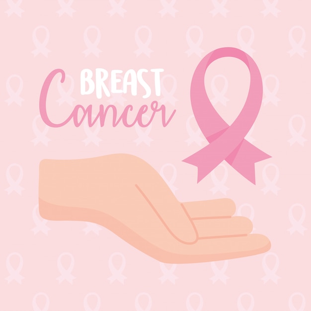 Mano de concienciación sobre el cáncer de mama con diseño e ilustración de vector de cinta rosa
