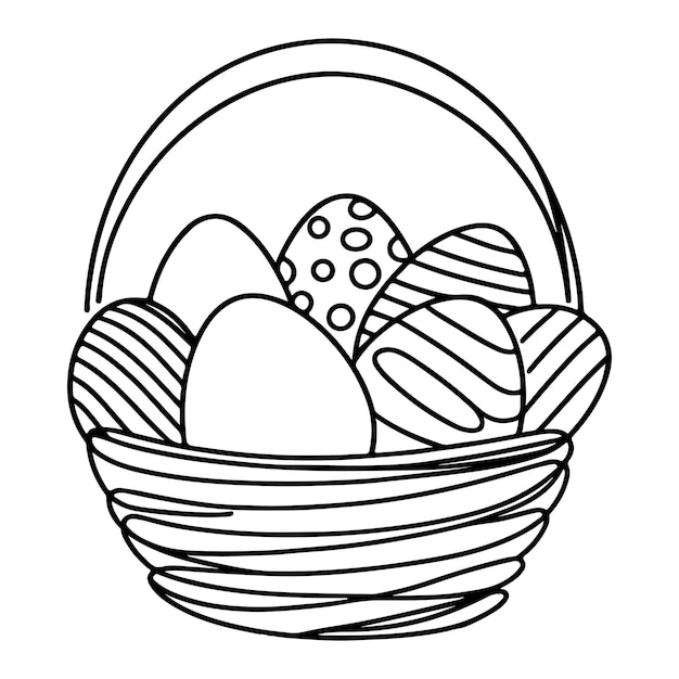 Una mano continua dibujando una canasta de líneas negras huevos de Pascua dibujando el contorno del vector de diseño decorado