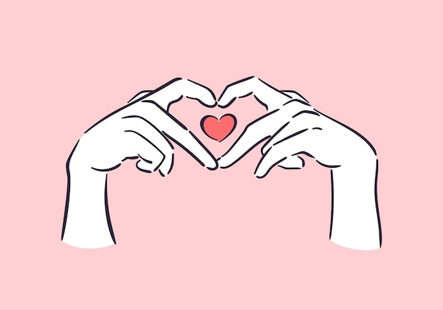 Mano Corazón Feliz Día de San Valentín gesto que representa el amor Ilustración vectorial en un estilo minimalista incompleto Para carteles, postales, banners de sitios web, elementos de diseño