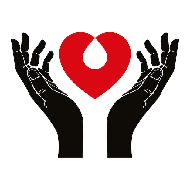 Mano con corazón y símbolo de vector de gota de sangre.