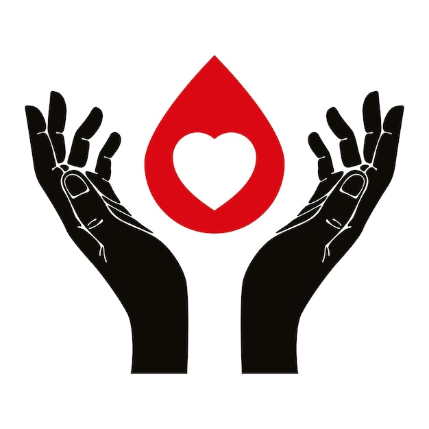 Mano con corazón y símbolo de vector de gota de sangre.