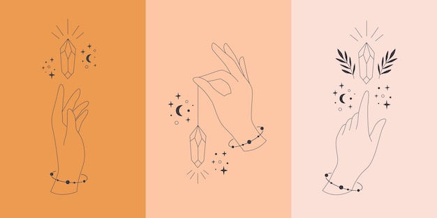 Mano con cristal. Cristal místico, esotérico, mágico o sanador. arte lineal. Trazos editables