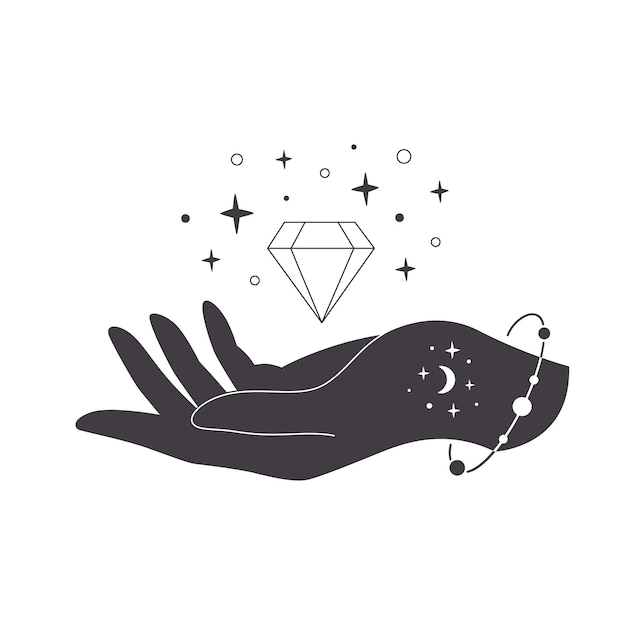 Vector mano con cristal magia esotérica mística o cristal curativo arte lineal