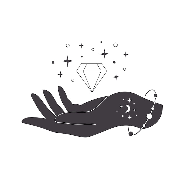 Mano con cristal Magia esotérica mística o cristal curativo Arte lineal