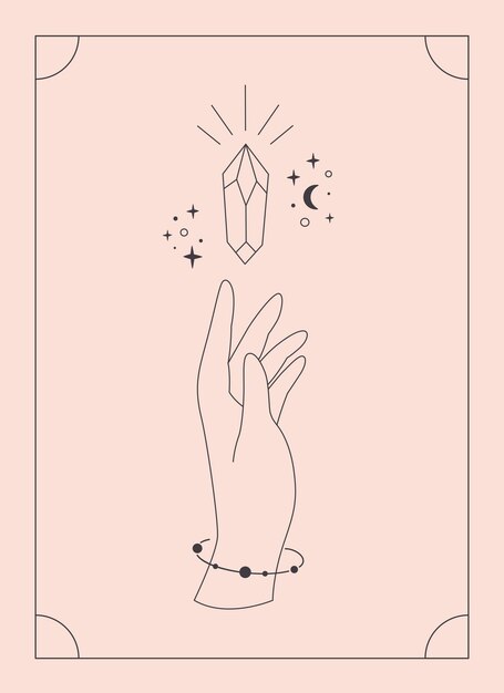 Mano con cristal Magia esotérica mística o cristal curativo Arte lineal