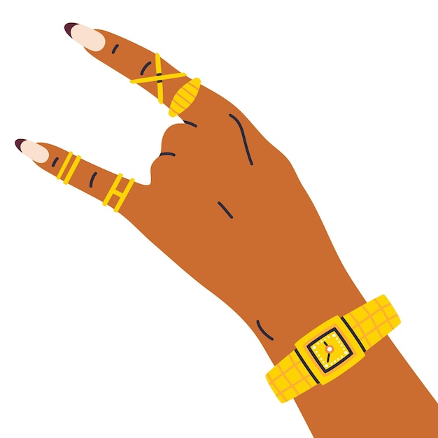 Mano cuidada femenina de dibujos animados mano de mujer con diseño de uñas de gesto de roca y joyería dorada salón de manicura rutina de cuidado de uñas ilustración vectorial plana