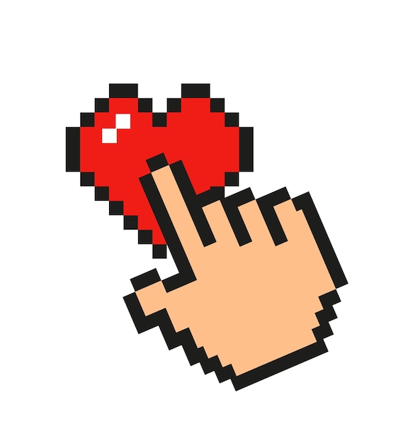Mano del cursor con estilo de píxel de icono de corazón.Vector
