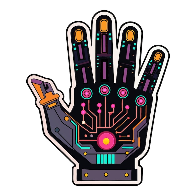 Mano de cyborg con pegatina vectorial de circuitos brillantes en estilo cyberpunk sobre un fondo blanco
