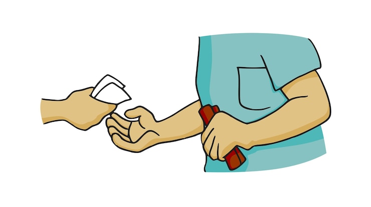 Vector mano dando los boletos de viaje a un hombre trabajador para validar el boleto vector de estilo de dibujos animados colorido