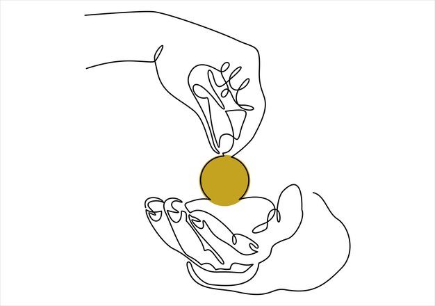 Mano dando moneda de oro a otra mano Concepto de caridad Mano sosteniendo moneda Estilo plano continuo
