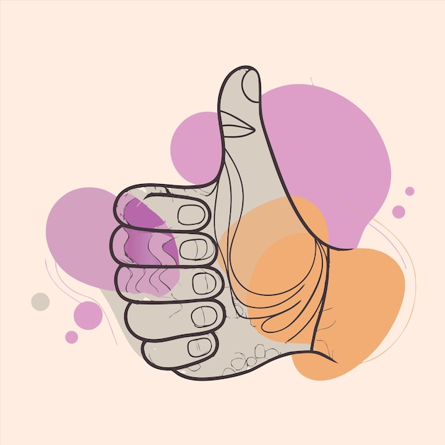 una mano dando un signo de pulgares hacia arriba con un fondo rosa y púrpura