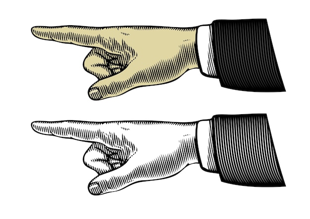 Vector mano con dedo acusador en estilo vintage grabado.