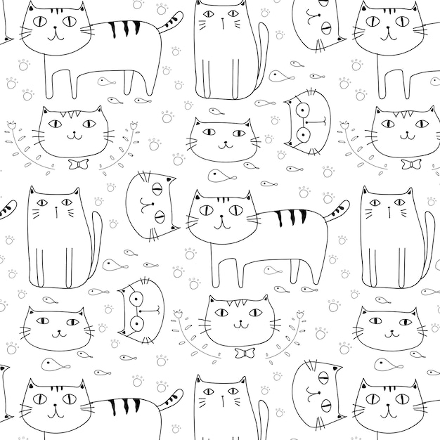 Mano dibuja gatos Vector de fondo. Doodle divertido.