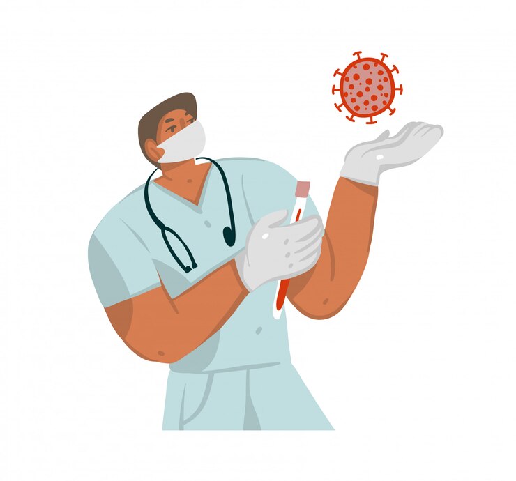 Vector mano dibuja la ilustración con el médico masculino en una bata de médicos y mascarilla y bacterias coronavirus aisladas sobre fondo blanco.
