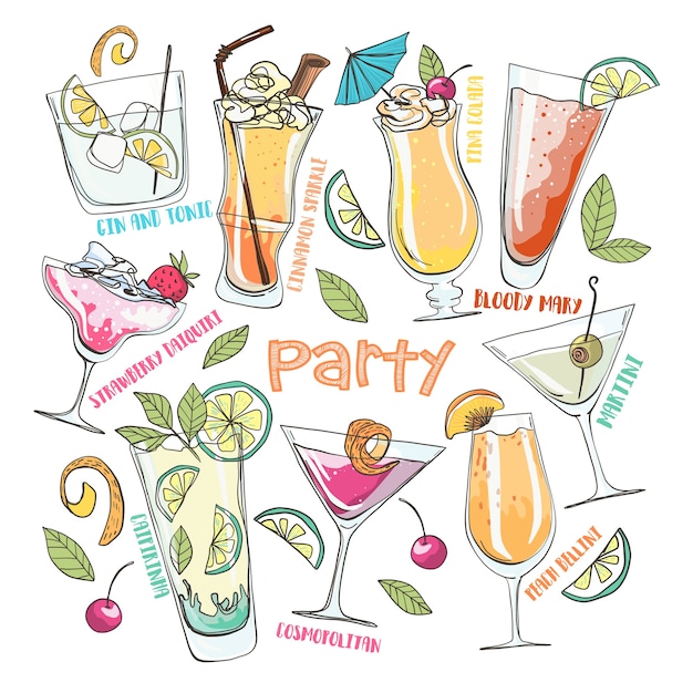 Mano dibuja la ilustración de vector de dibujos animados. fiesta de verano. cócteles y bebidas
