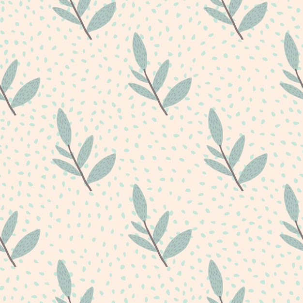 Mano dibuja ramas lindas con patrones sin fisuras de hojas sobre fondo de puntos. Decorativo primavera ornamental interminable fondo de pantalla.