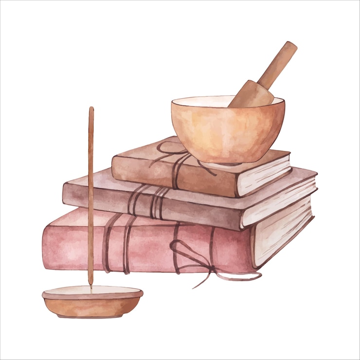 Vector mano dibujada acuarela espiritualidad ilustración arte aislado pila de libros y cuenco tibetano clipart