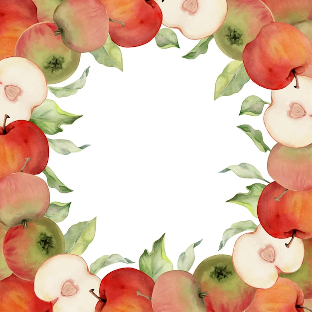 Mano dibujada acuarela manzana frutas maduras rebanadas completas y hojas rojo y verde corona redonda de círculo aislado sobre fondo blanco diseño para arte de pared invitación de tarjeta de cubierta de tela de impresión de boda