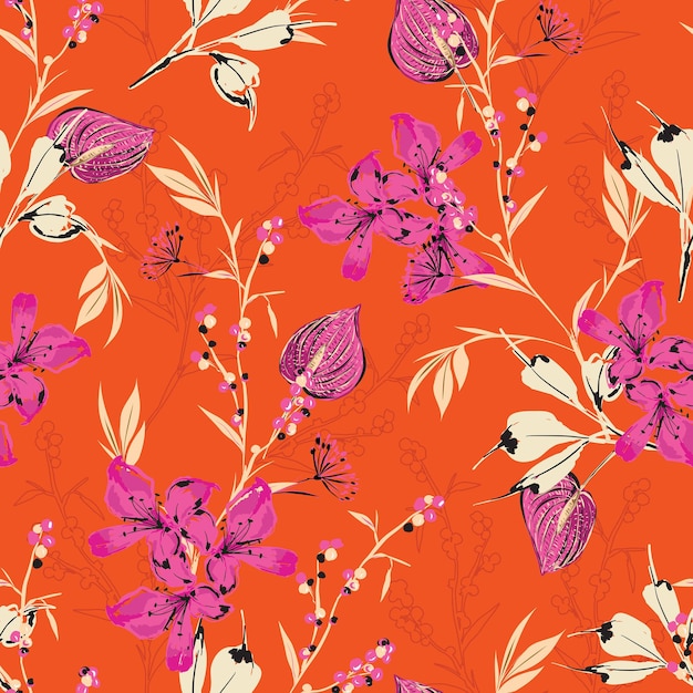 Mano dibujada botánica flor silvestre retro humor de patrones sin fisuras en vector EPS10, diseño de moda, tela, tela, papel tapiz, envoltura en vivo color naranja