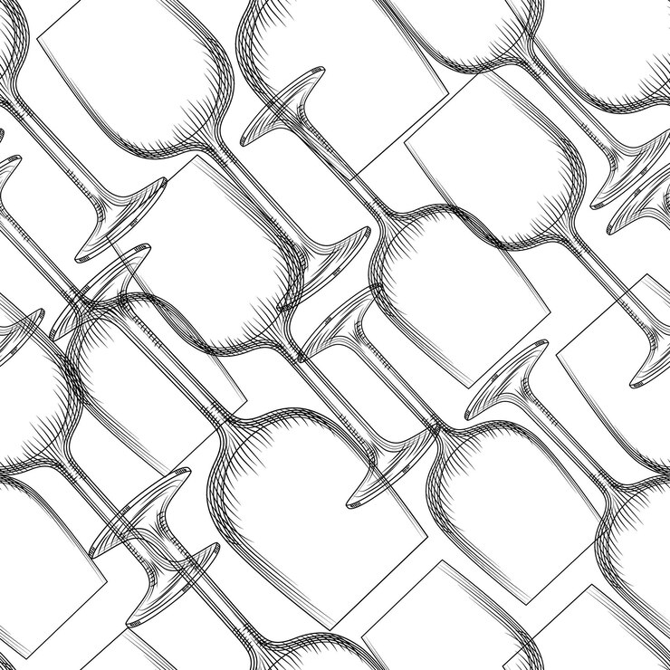 Mano dibujada cristalería transparente de patrones sin fisuras. Fondo de copa de vino y champán vacío. Diseño de vasos de bebidas alcohólicas. Ilustración vectorial