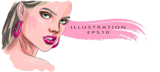 Vector mano dibujada glamour maquillaje de cara de mujer joven con ojos hermosos ilustración dibujo boceto.