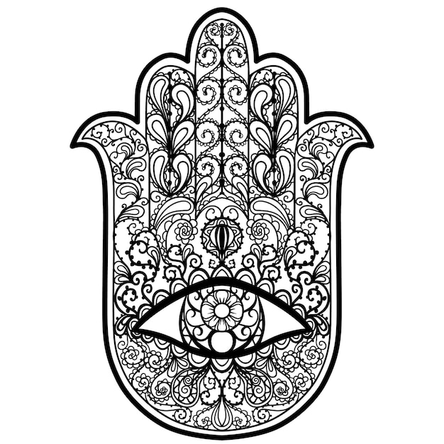 Mano dibujada a mano boho hamsa, amuleto de protección de fuerza y felicidad.