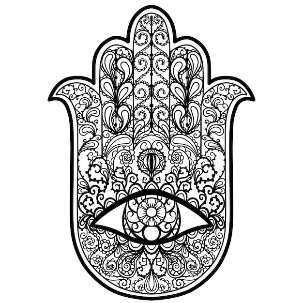 Mano dibujada a mano boho hamsa, amuleto de protección de fuerza y felicidad.