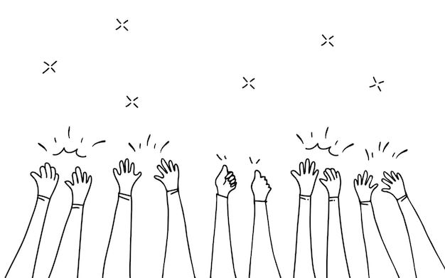 Mano dibujada de manos aplaudiendo ovaciones pulgares hacia arriba gesto en ilustración vectorial de estilo doodle