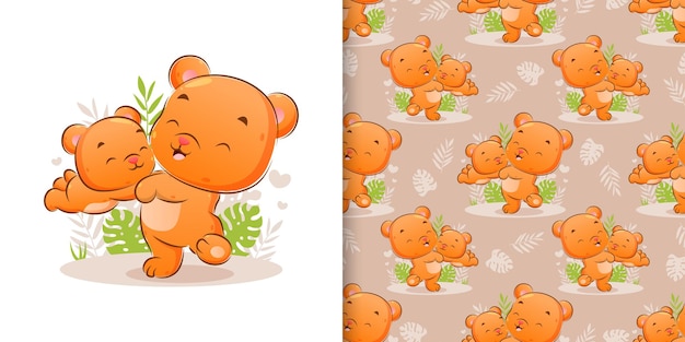 La mano dibujada de oso feliz está jugando con el osito en el jardín de la ilustración.