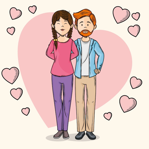 Mano dibujada pareja sobre fondo claro con corazones de color rosa ilustración vectorial
