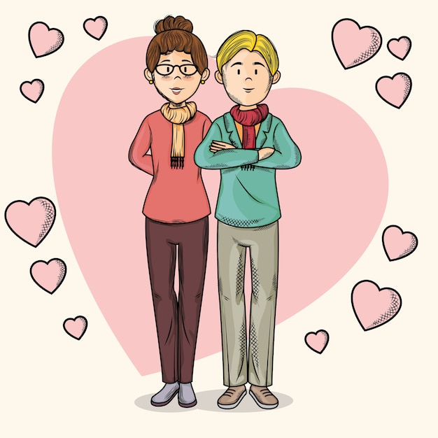 Mano dibujada pareja sobre fondo claro con corazones de color rosa ilustración vectorial
