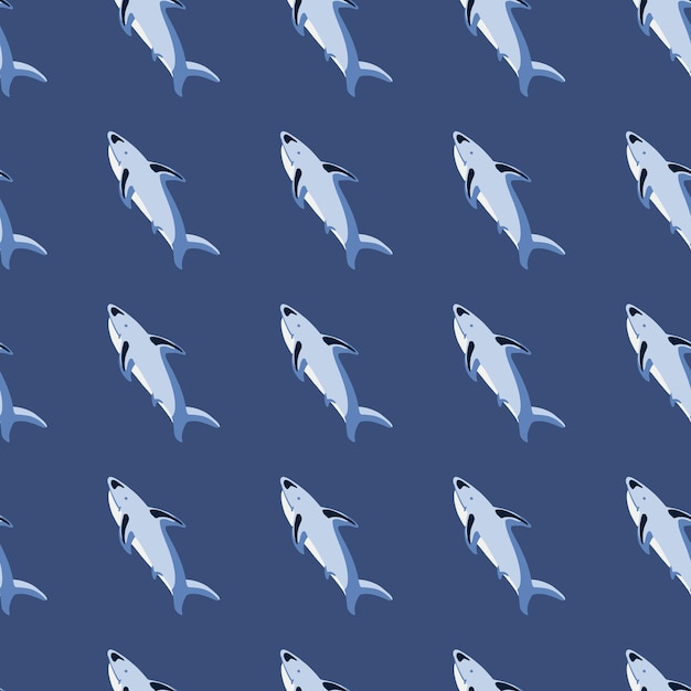 Mano dibujada de patrones sin fisuras con adorno de tiburón azul lindo. Fondo azul marino. Impresión de dibujos animados.