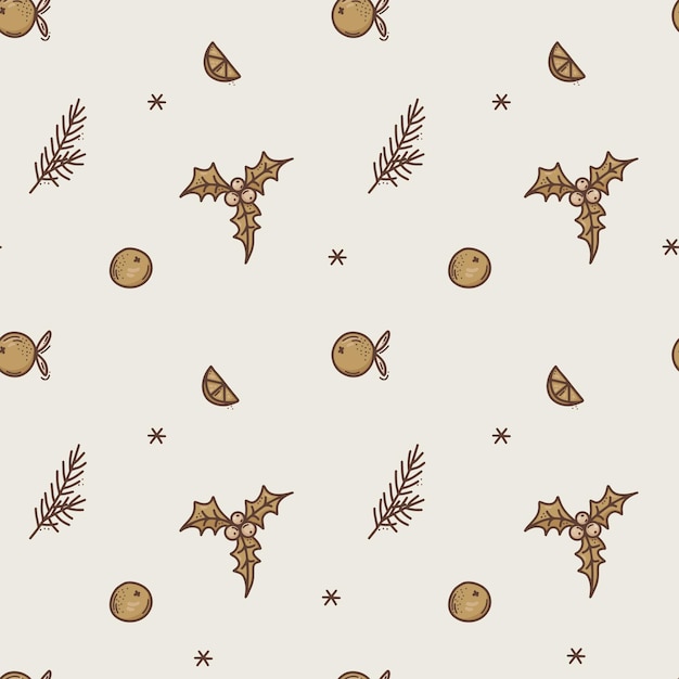 Mano dibujada de patrones sin fisuras de colorido árbol de navidad rama naranjas acebo y decoraciones sobre fondo beige Doodle estilo plano Felices fiestas Boho color