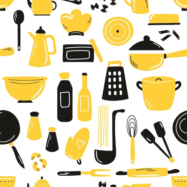 Mano dibujada de patrones sin fisuras con un conjunto de comodidades de cocina, equipo. Ilustración plana para papel tapiz, textiles de cocina, paños.