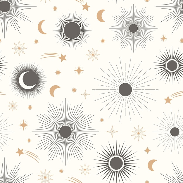 Mano dibujada de patrones sin fisuras de diferentes Sun Moon sunburst stars Celestial space vector Magic space galaxy sketch ilustración para tarjeta de felicitación invitación papel tapiz papel de regalo