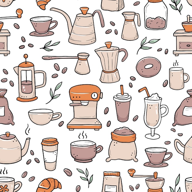 Mano dibujada de patrones sin fisuras de diferentes tipos de taza de café, taza, olla, máquina de café. Estilo de dibujo Doodle.