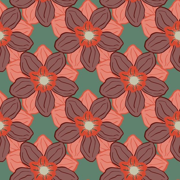 Vector mano dibujada de patrones sin fisuras con elementos de flor de capullo de anémona rosa. fondo verde pálido. ilustración vectorial para estampados textiles de temporada, telas, pancartas, fondos y fondos de pantalla.