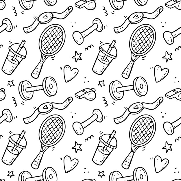 Mano dibujada de patrones sin fisuras de fitness, equipos de gimnasia. Estilo de dibujo Doodle.