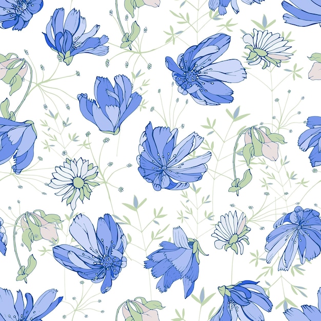 Mano dibujada de patrones sin fisuras florales con flores azules achicoria, manzanilla, hierbas.