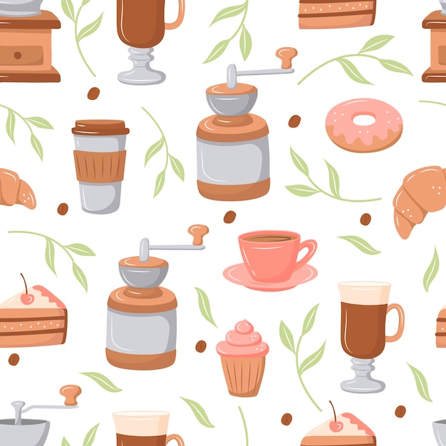 Mano dibujada de patrones sin fisuras con lindas tazas, tazas, café.