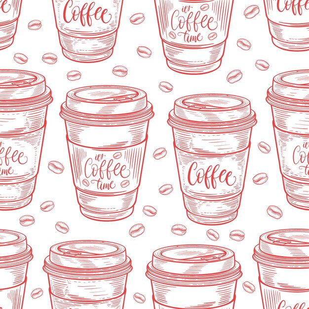 Mano dibujada de patrones sin fisuras con tazas de café frijoles tazas macarons fondo colorido